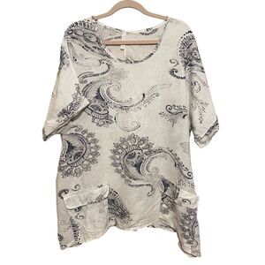 Bishop Street Apparel 100% Linen Tunic Top Womens One Size Paisley Coastal Boho